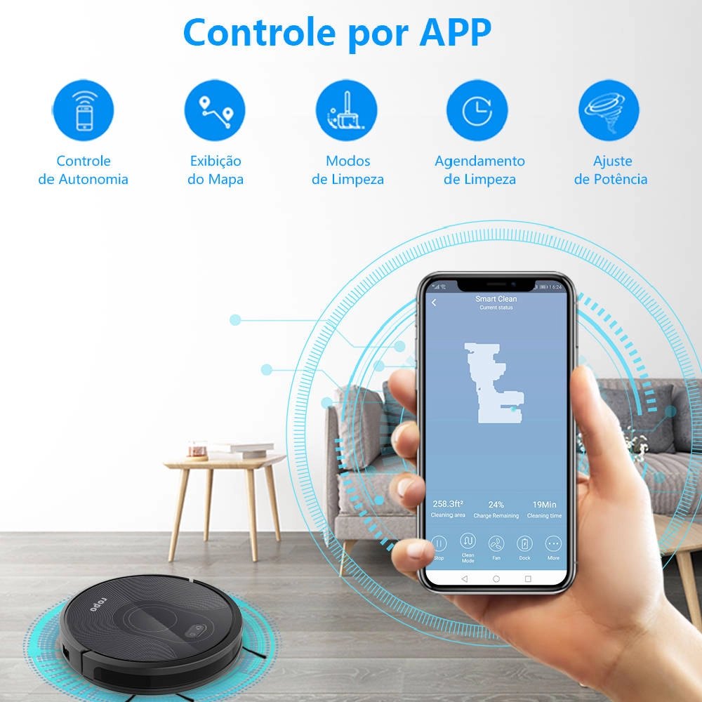 Robô Aspirador Glass 3 Preto Bivolt Esteriliza Varre Aspira Passa Pano Mapeamento Inteligente